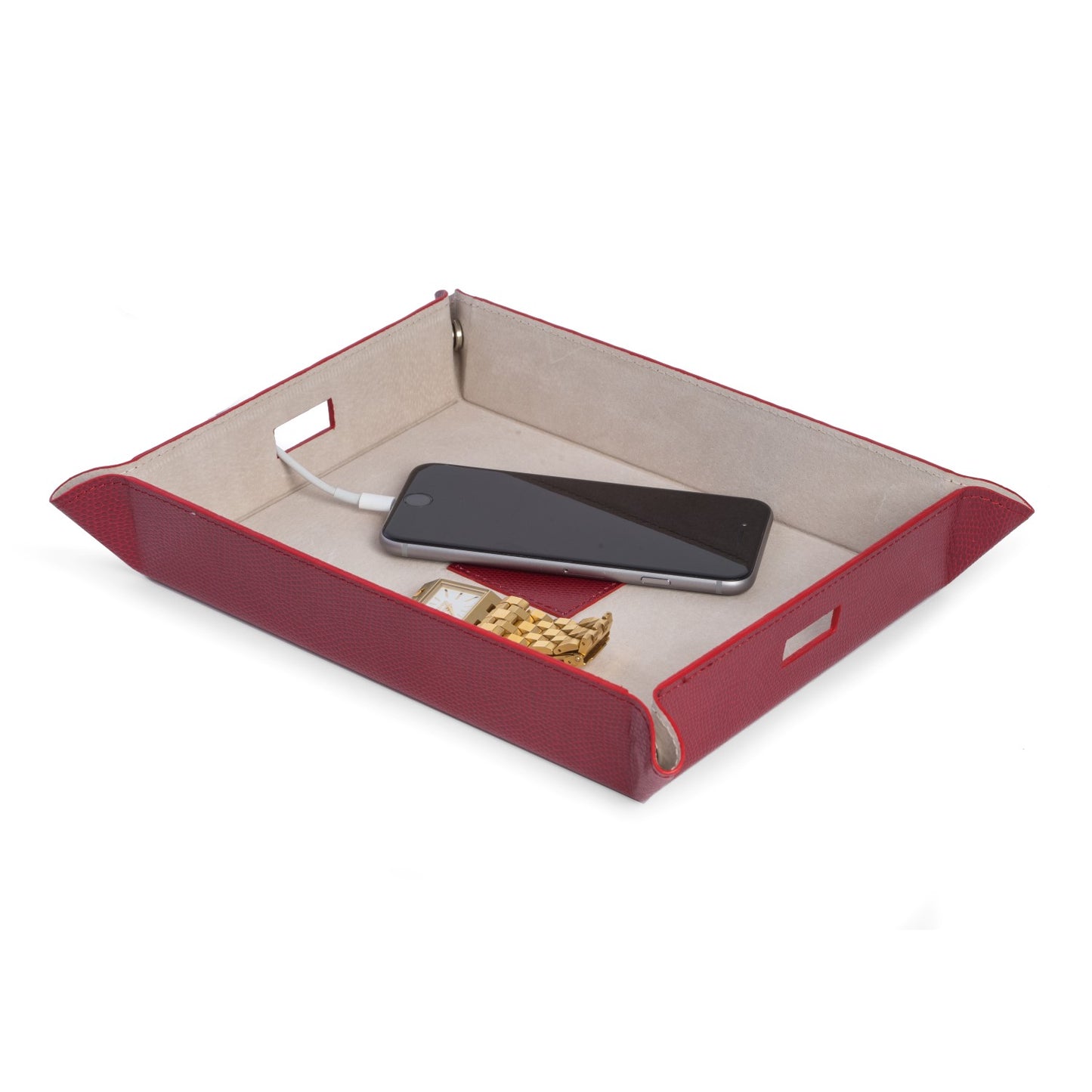 Occasion Gallery RED Color Red Lizard Deboss Leather Valet & Charging Station with Pig Skin Leather Lining. Continent Side Openings for Easy Charging Cord Pass-thru. 10 L x 7.75 W x 1.75 H in.