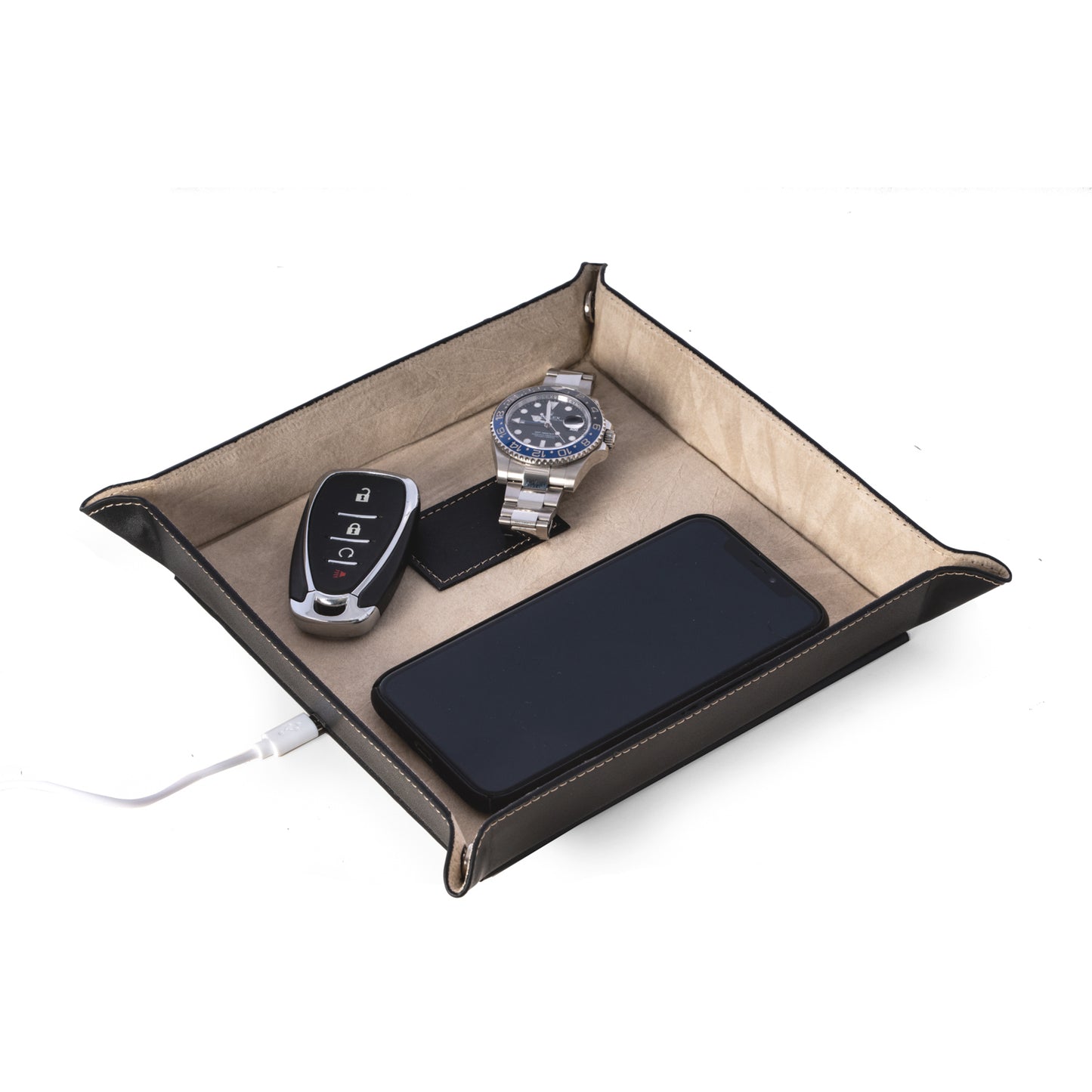 Occasion Gallery Black Color Black Leather Valet Tray with Wireless Charger 9 L x 9 W x 1.4 H in.