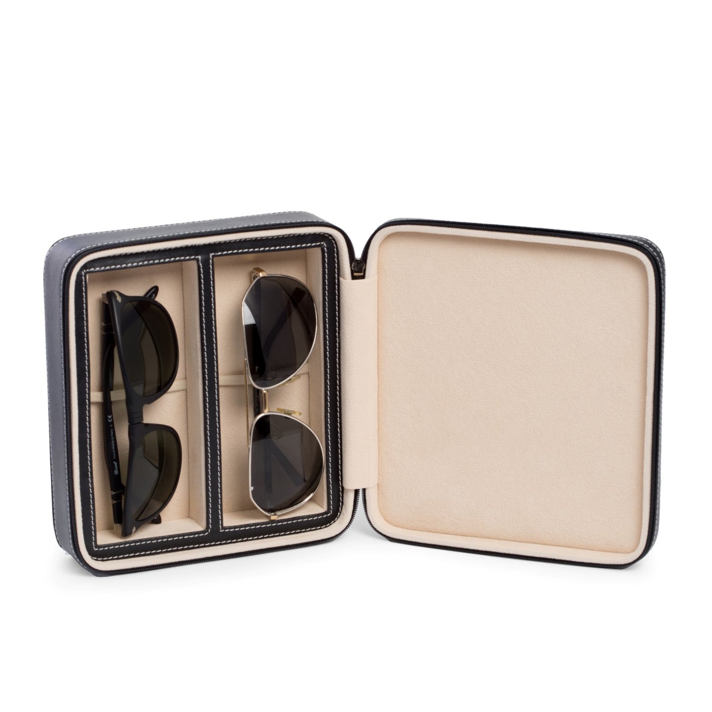 Occasion Gallery BLACK Color Black Leather Two Sunglass Travel Case with Form Fit Compartments, and Zipper Closure. 7.25 L x 6.25 W x 2.25 H in.