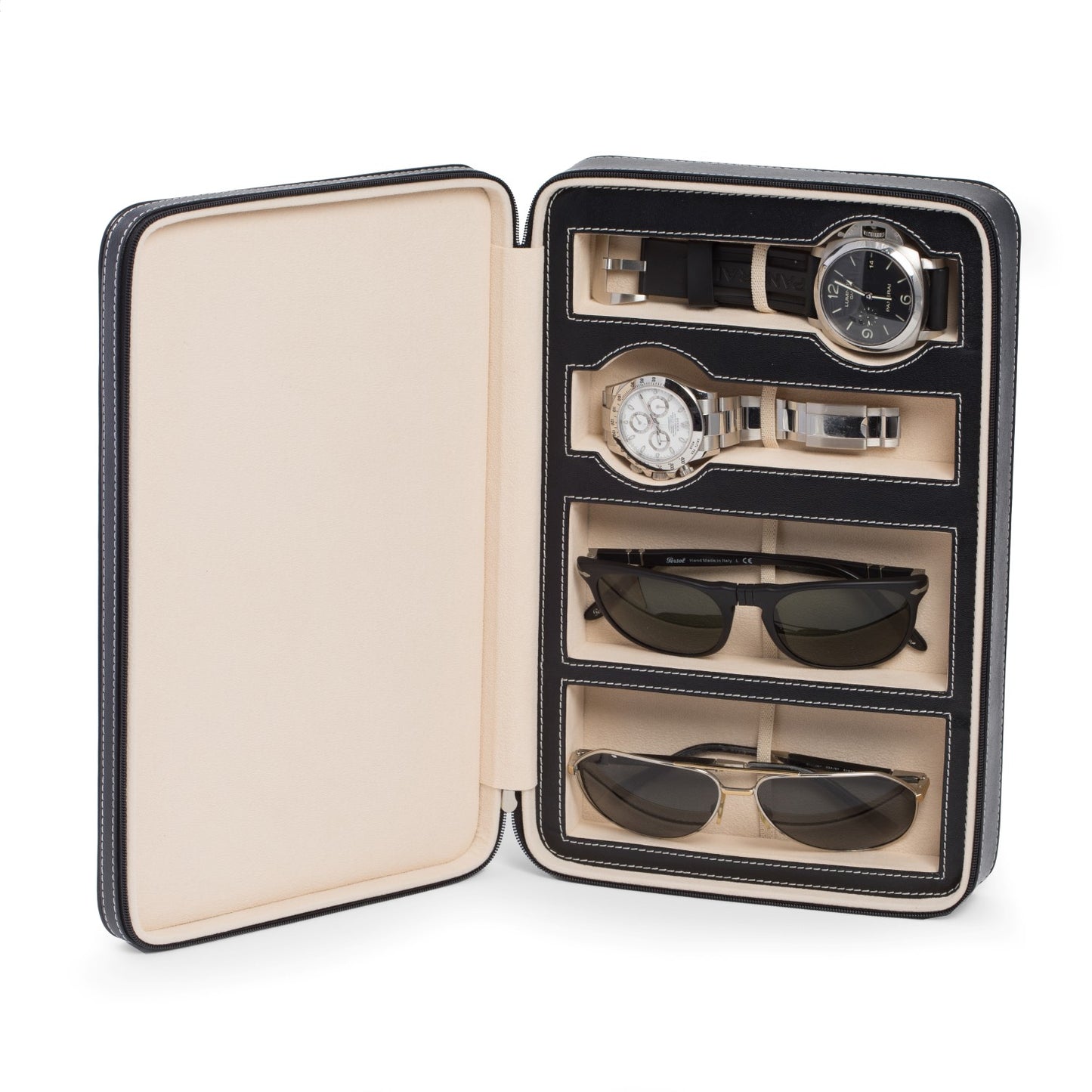 Occasion Gallery BLACK Color Black Leather Two Watch and Two Sunglass Travel Case with Form Fit Compartments with Zipper Closure. 11.25 L x 7.25 W x 2.25 H in.