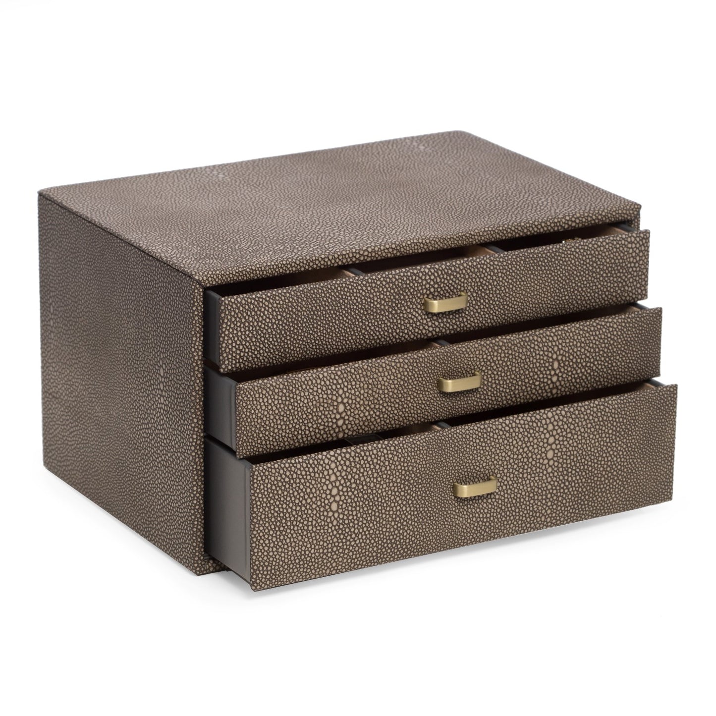 Occasion Gallery BROWN Color Three Level Leather Jewelry Storage Box with Stingray Deboss and Brushed Brass Hardware. Multi-Compartments, Ring Storage and Four Watch Compartments with Pillows in a Soft Velour Lining. 9 L x 12 W x 7 H in.