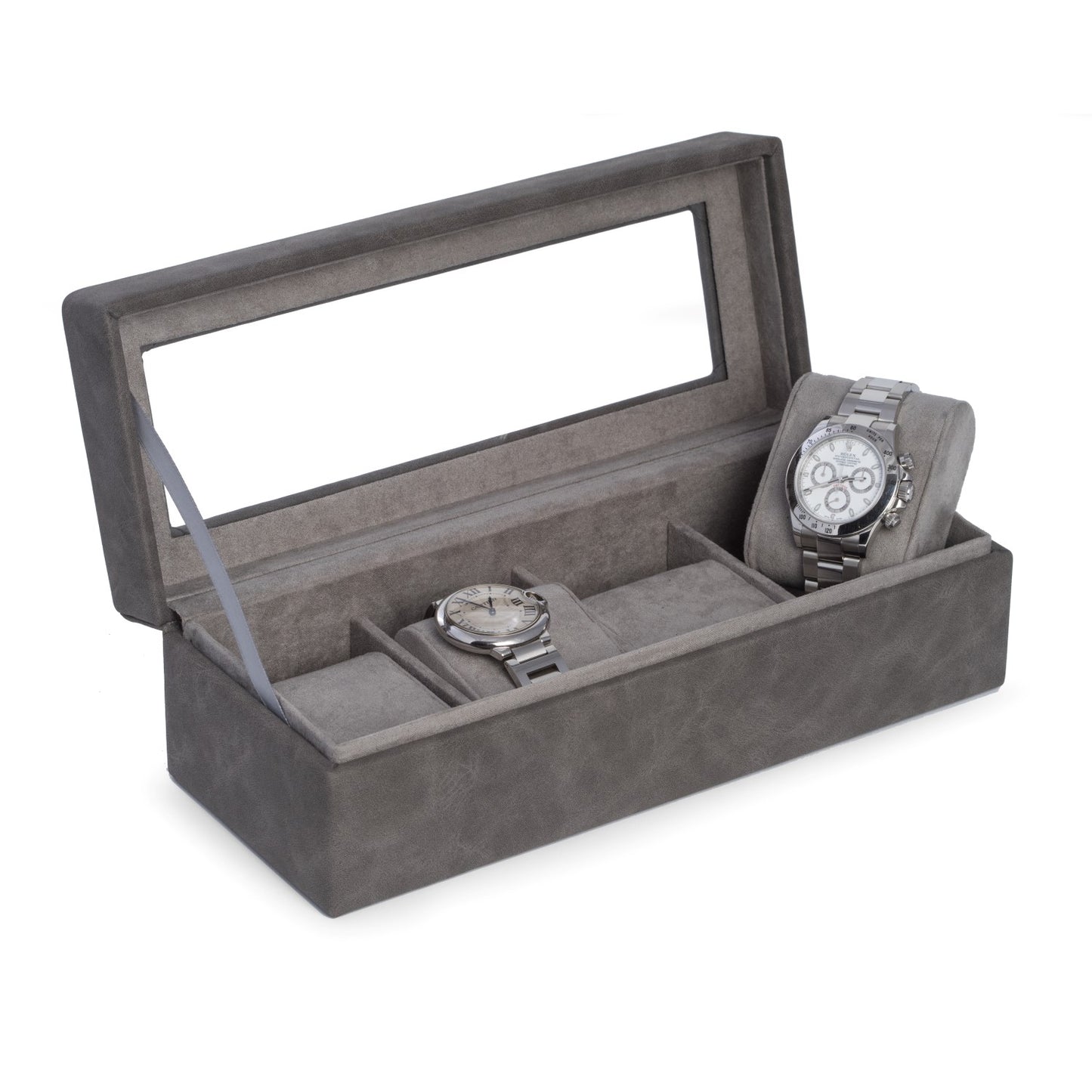Occasion Gallery GRAY Color 4 Watch Storage Case in Grey with Soft Velour Lining. Watch Compartments Can Accommodate up to 48mm Watches. 4.25 L x 10 W x 3.25 H in.