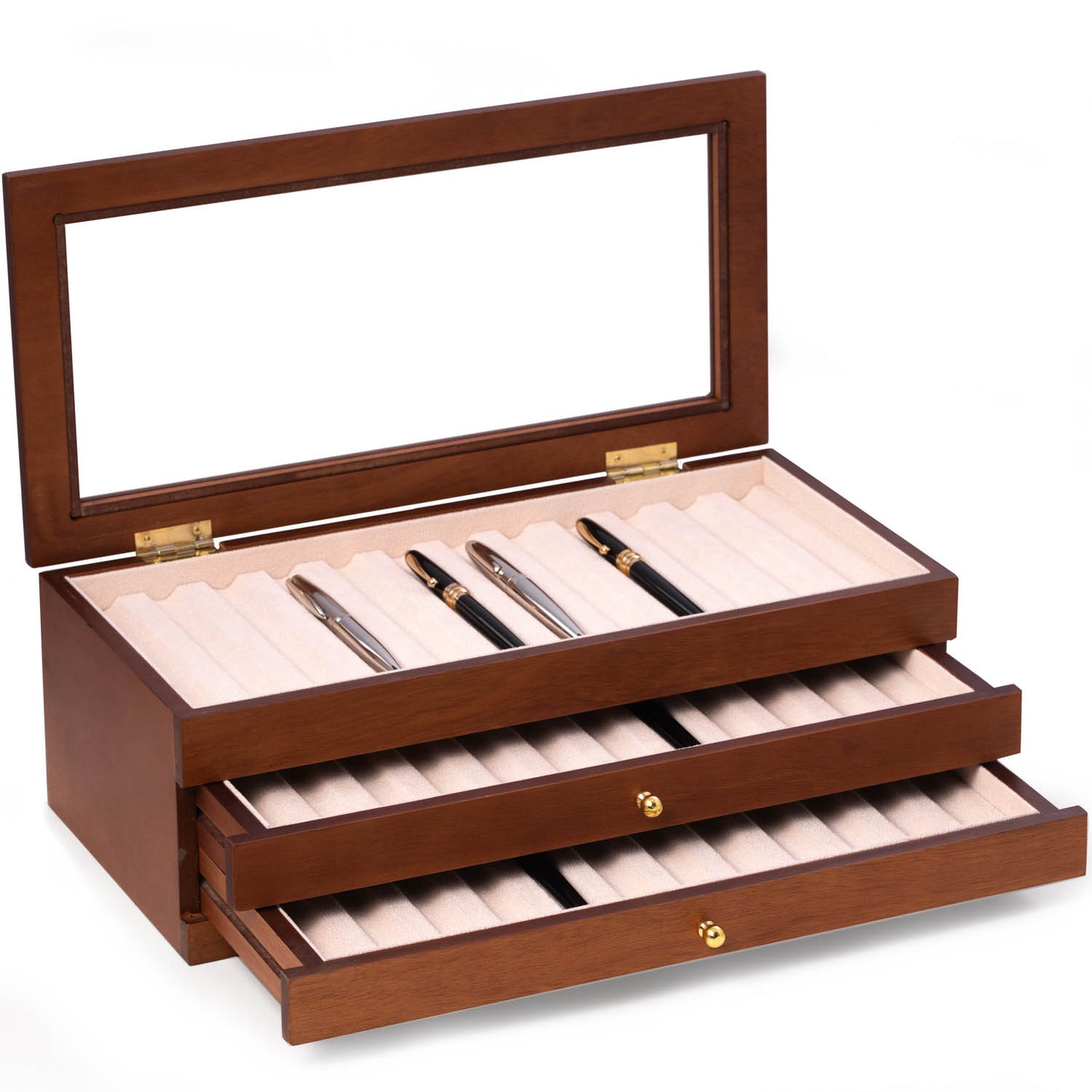 Occasion Gallery Brown Color Three level cherry wood 36 pen storage case with glass top 15 L x 7.5 W x 5 H in.