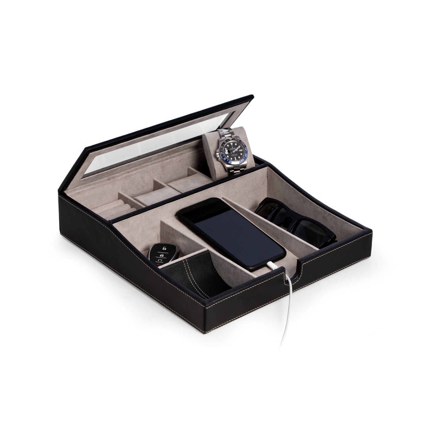 Occasion Gallery Black Color Black leather valet tray with multi-compartment storage 11 L x 12 W x 2.75 H in.