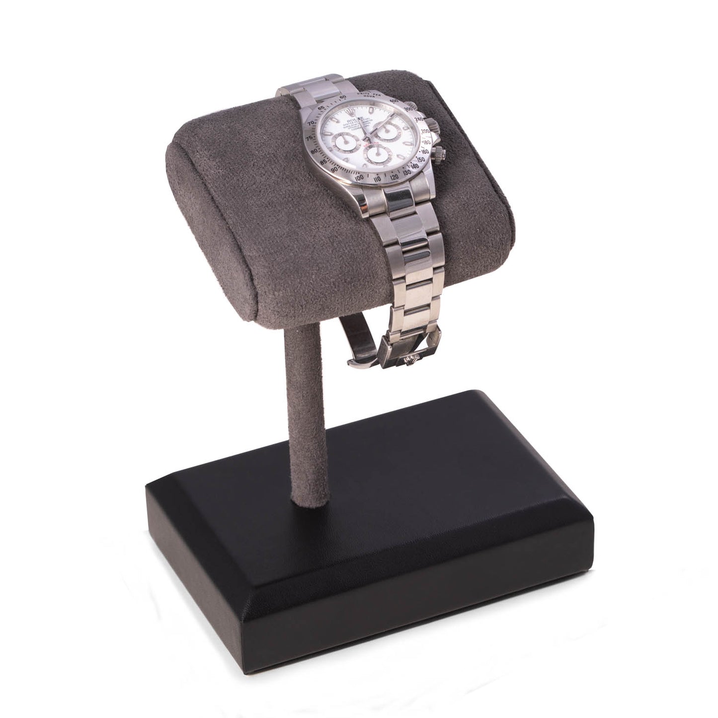 Occasion Gallery Black Color Matte black single watch display stand with grey suede cushion 4.75 L x 3.25 W x 6 H in.