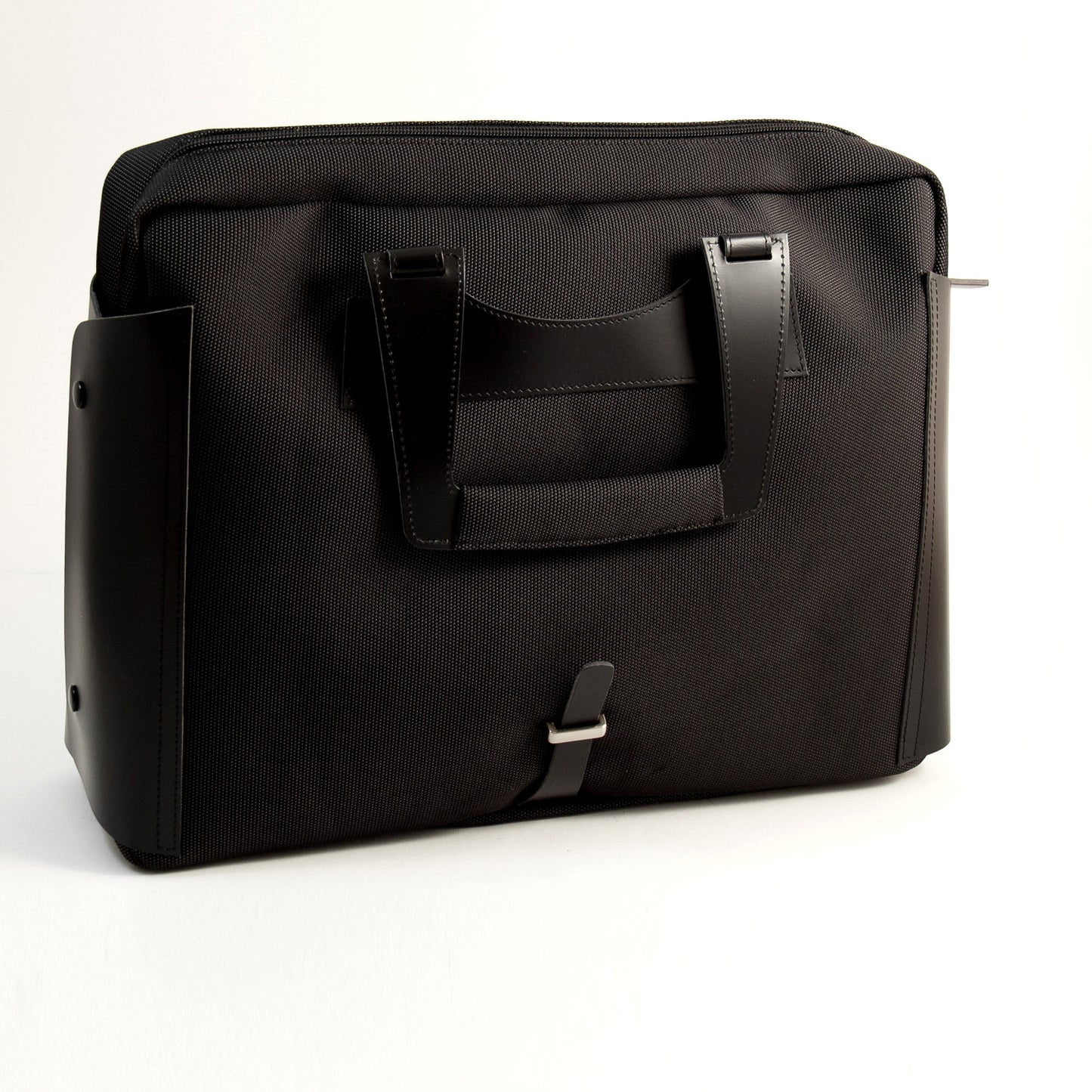 Occasion Gallery Black Color Black Leather & Ballistic Nylon Briefcase with Padded Computer Compartment and Shoulder Strap. 15.5 L x 4 W x 12 H in.
