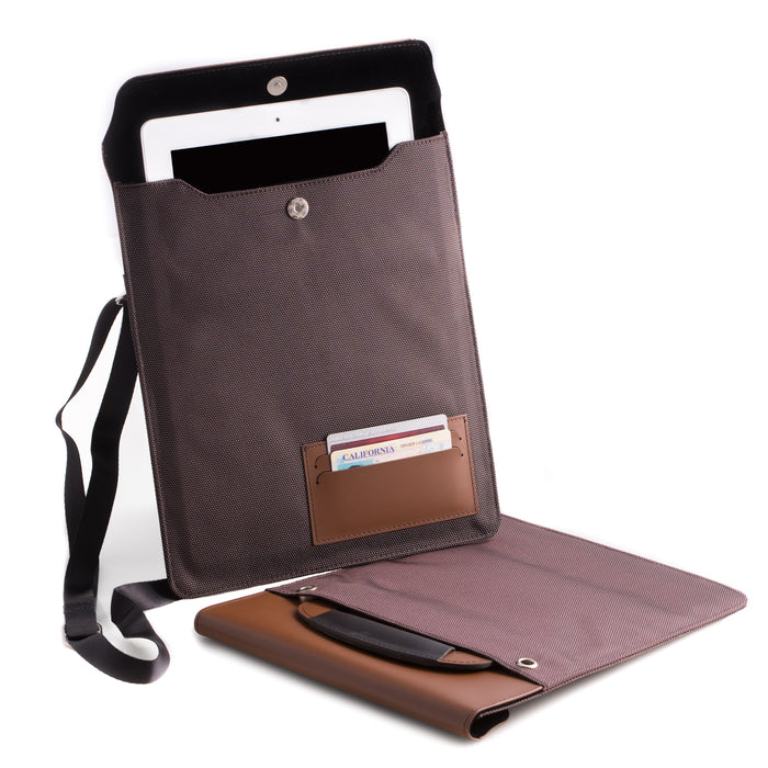 Occasion Gallery Brown Color Brown Leather and Ballistic Nylon Tablet Carrying Case with Hide-away handle and Adjustable Shoulder Strap. 0.5 L x 9.25 W x 11.25 H in.