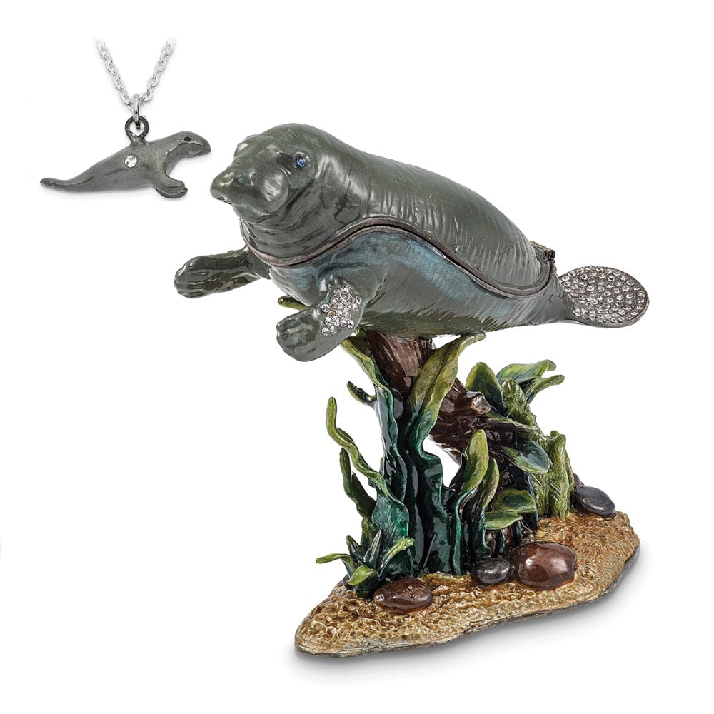 Jere Luxury Giftware, Bejeweled MANNY Manatee w/Seaweed Trinket Box with Matching Pendant Trinket Box & Keepsake Container Collectible Gift by Jere Luxury Giftware