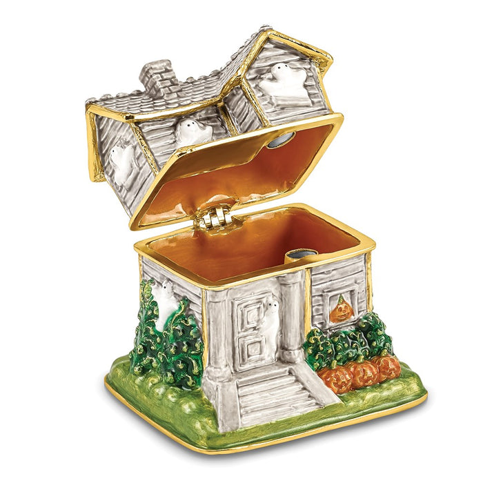 Jere Luxury Giftware, Bejeweled VACANCY Haunted House w/Ghosts Trinket Box with Matching Pendant