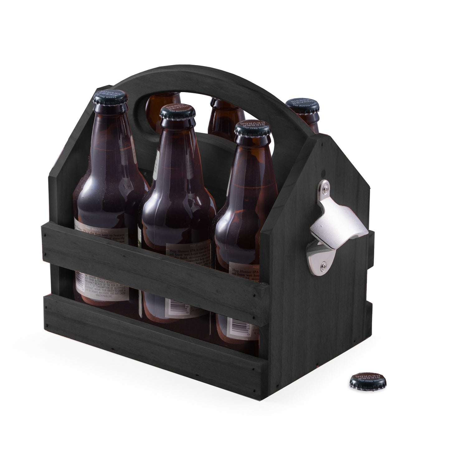 Occasion Gallery Black Color Black Solid Wood Six Pack Bottle Caddy with Ergonomic Curved Built in Handle and Bottle Opener. 10 L x 6.25 W x 9 H in.