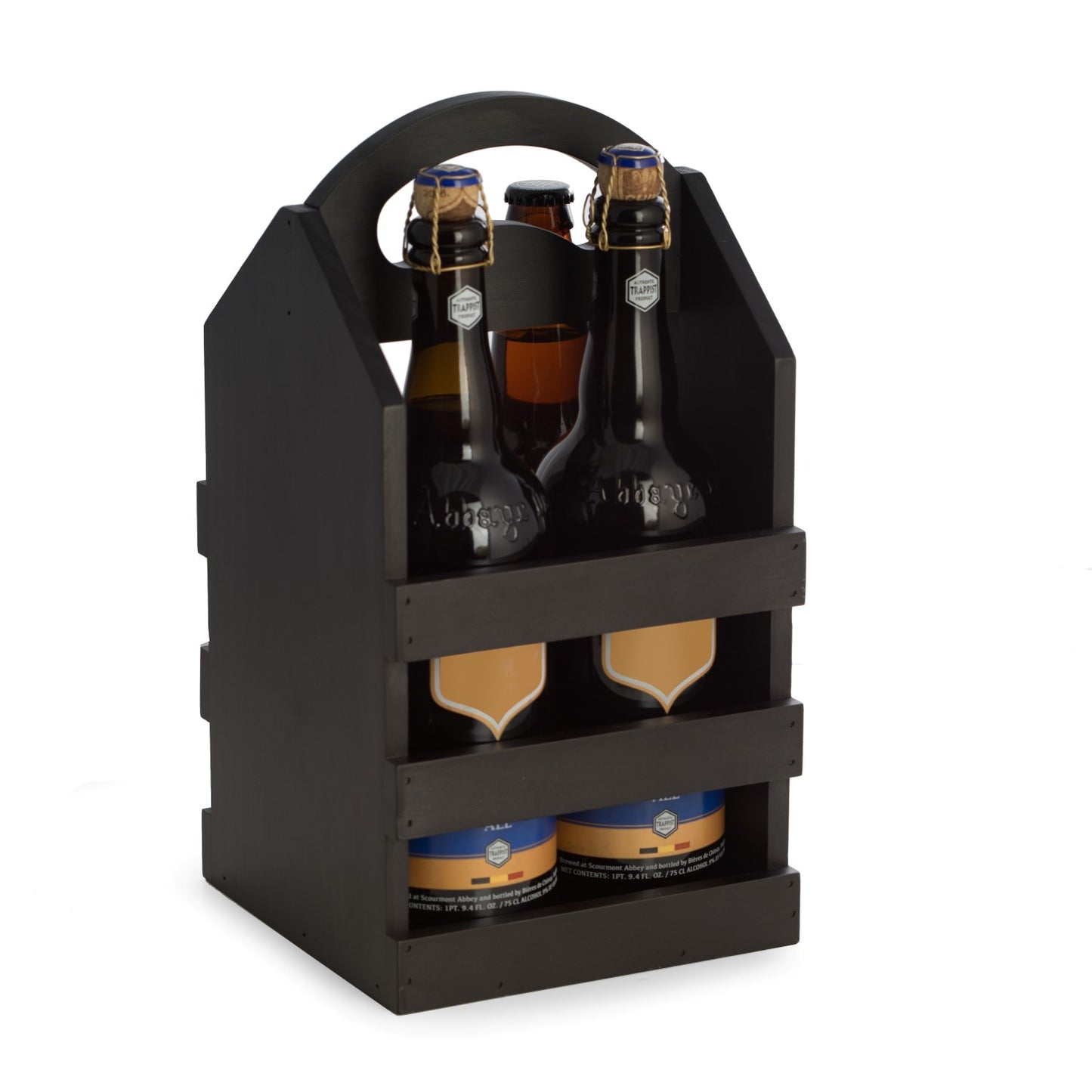 Occasion Gallery BLACK Color Black Solid Wood Four Bottle Caddy with Ergonomic Curved Built in Handle. Accommodates most Pint Sized Craft Beer Bottles. 7.5 L x 7 W x 13.25 H in.