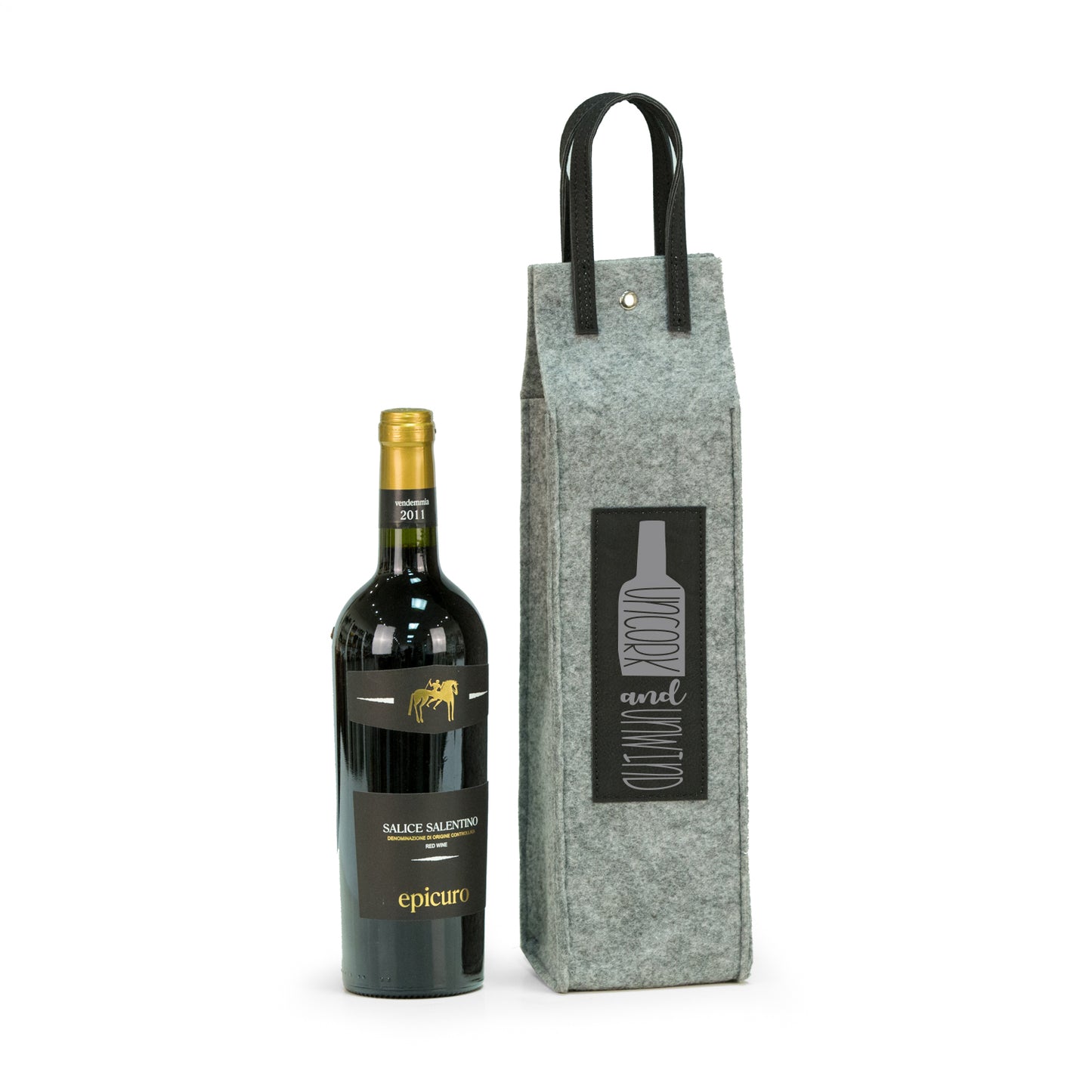 Occasion Gallery Grey/Black Color Uncork & Unwind felt wine tote with black accents 4 L x 4 W x 18 H in.