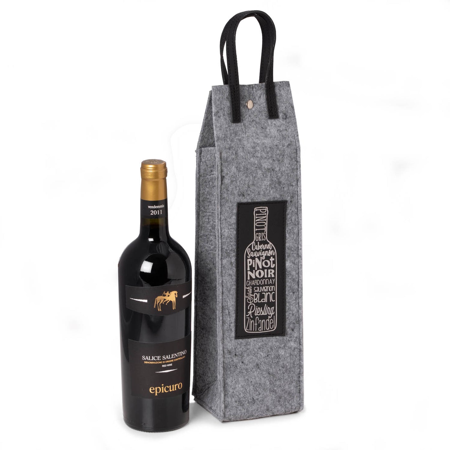 Occasion Gallery Grey/Black Color Wines of the World felt wine tote with black accents 4 L x 4 W x 18 H in.