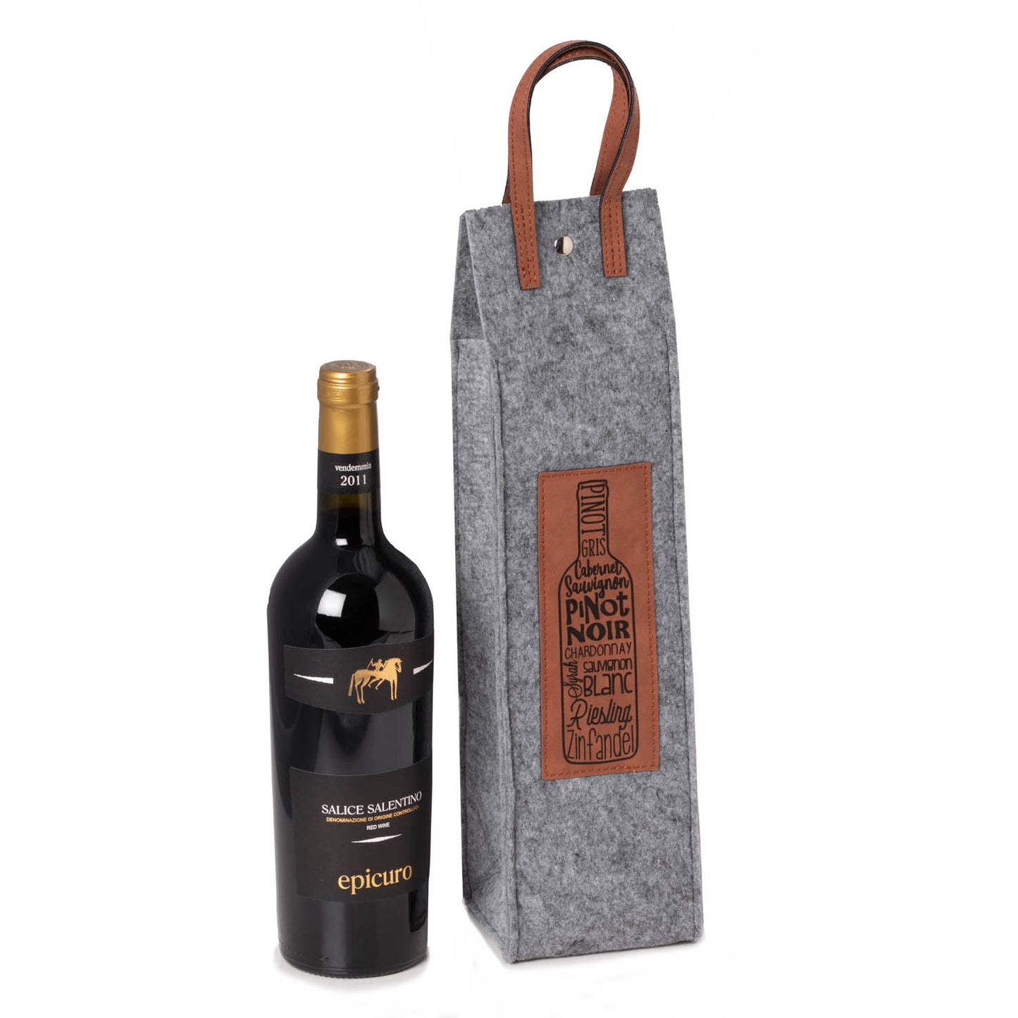 Occasion Gallery Grey/Brown Color Wines of the World felt wine tote with brown accents 4 L x 4 W x 18 H in.