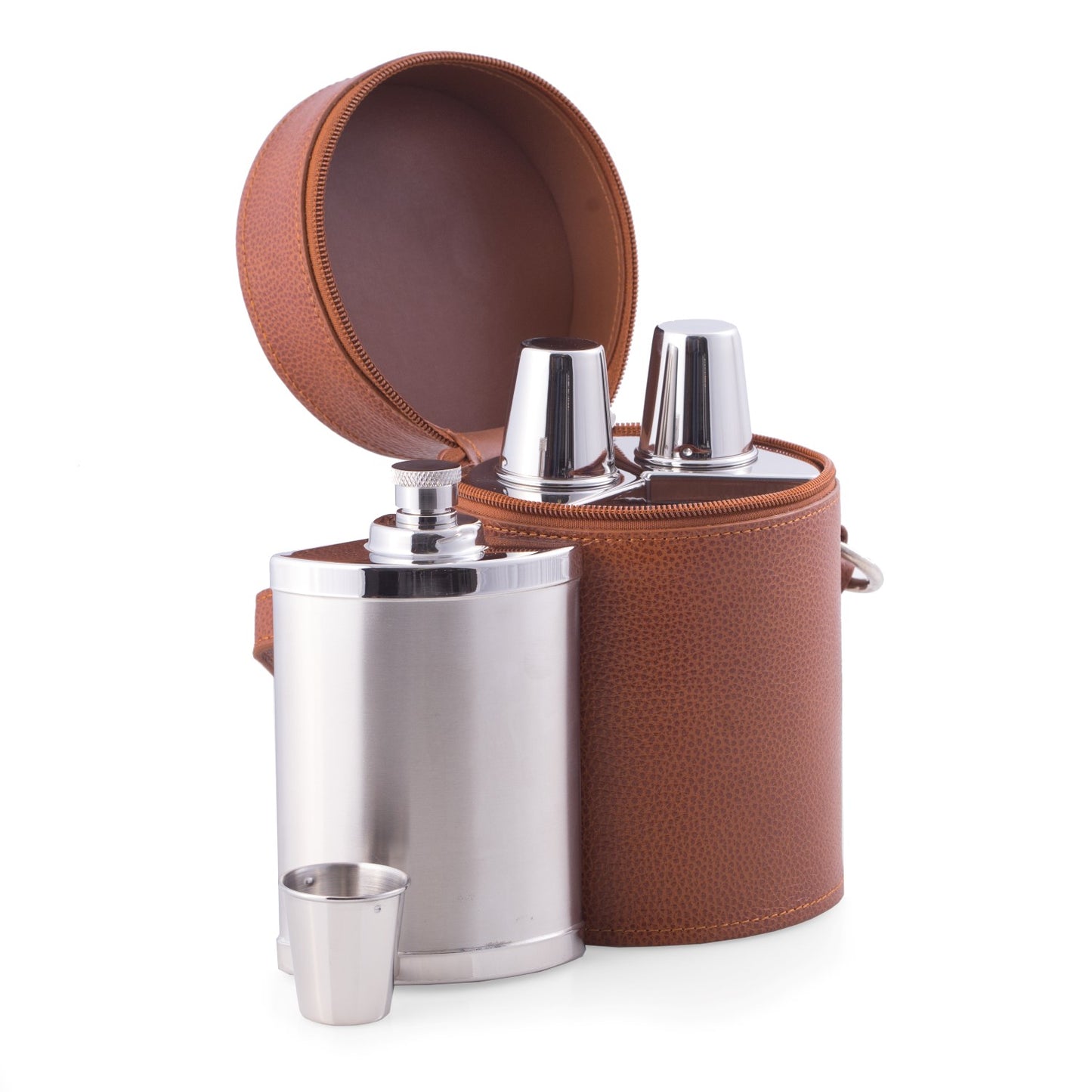 Occasion Gallery Brown/Silver Color Seven Piece Stainless Steel Flask Set in Brown Leather Carrying Case. Includes Three 14 oz. Flasks with Shooter Cups. 4.5 L x 7 W x 4.5 H in.