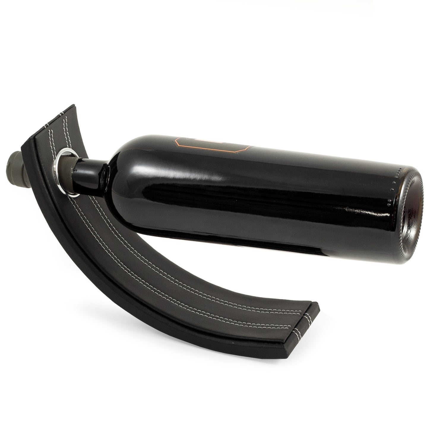 Occasion Gallery Black Color Black Leather Balancing Wine Bottle Stand. L x 3 W x 10.5 H in.