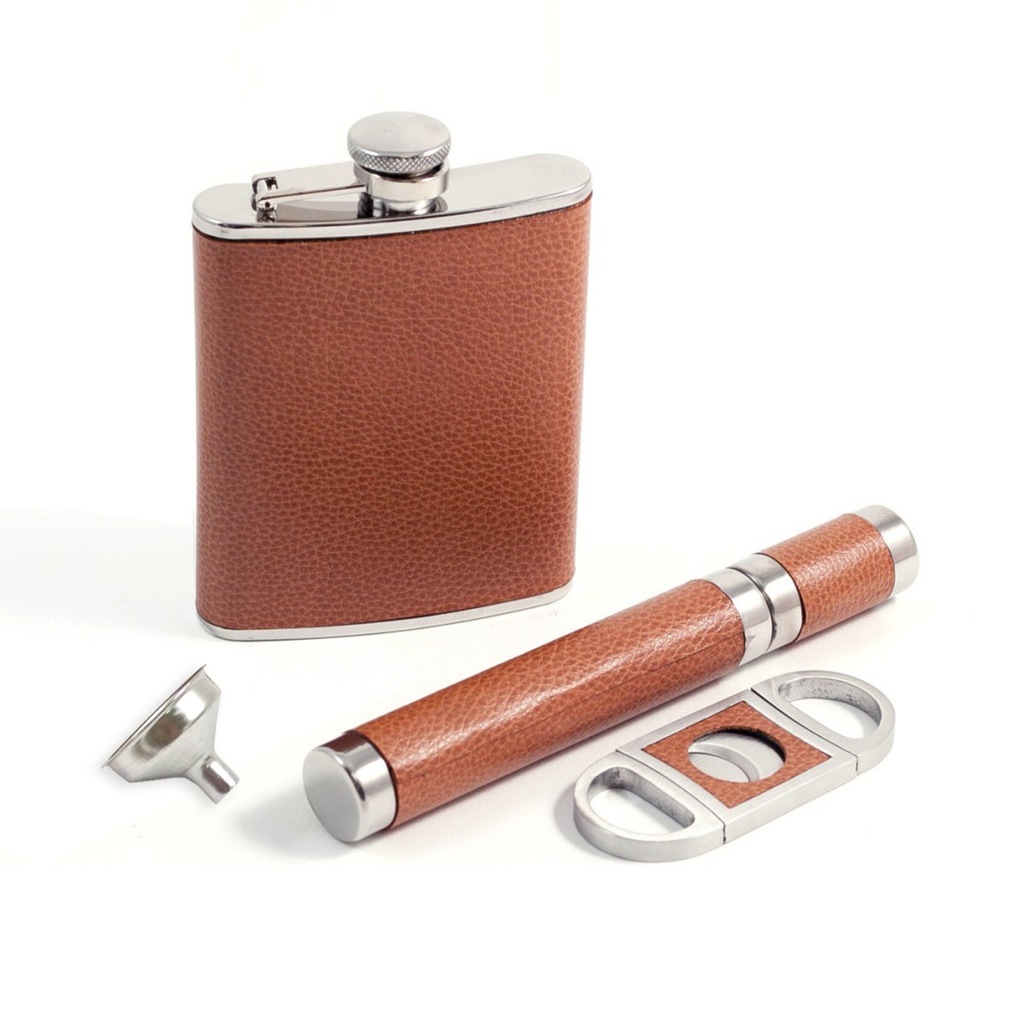 Occasion Gallery Brown Color Four Pieces Gift Set. Includes Brown Leather Wrapped Stainless Steel 6 oz. Flask, Double Guillotine Cigar Cutter, 52 ga. Cigar Tube & Funnel. 3.65 L x 0.85 W x 5.35 H in.