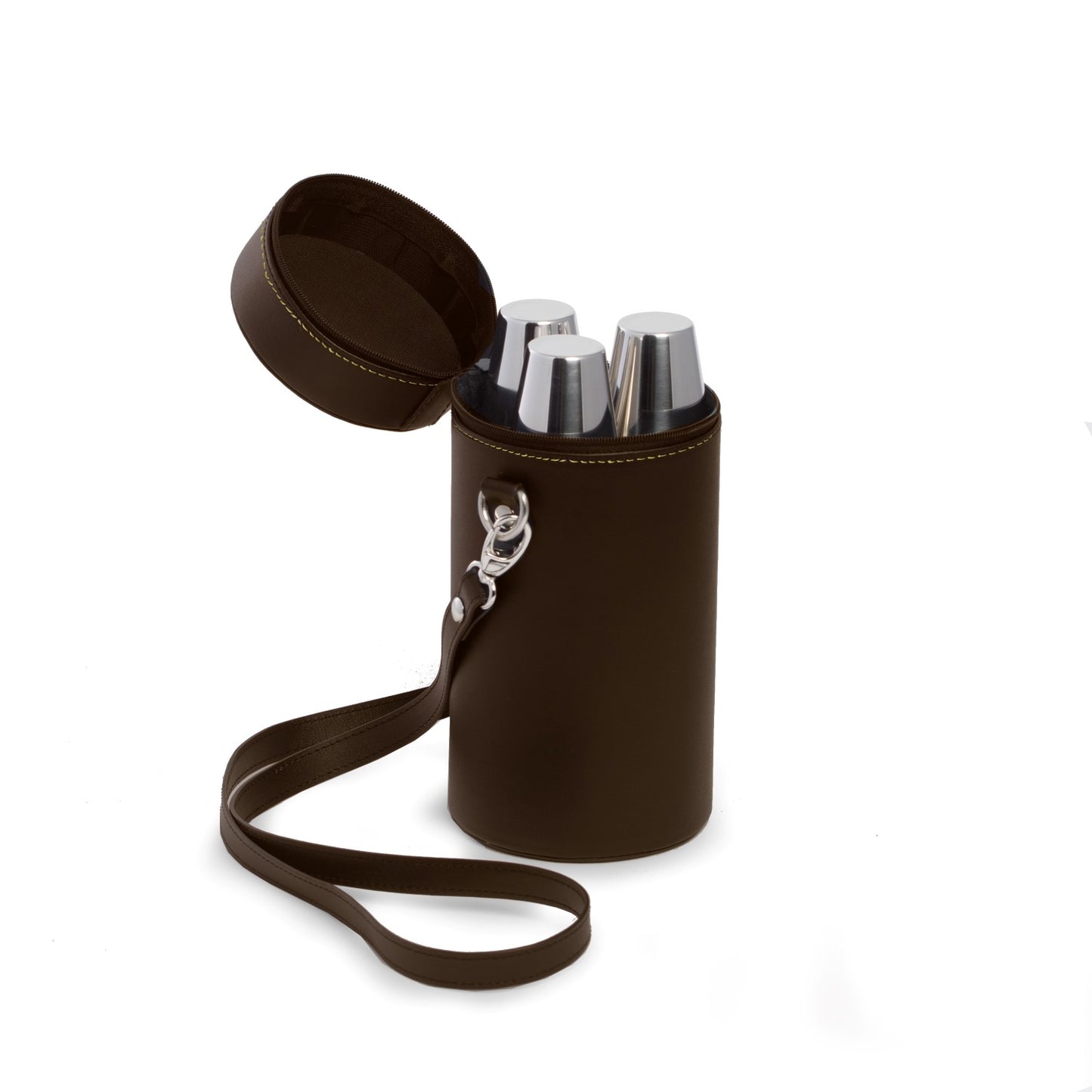 Occasion Gallery BROWN Color Seven Piece Stainless Steel Flask Set in Brown Leather Carrying Case. Includes Three 8 oz. Flasks with Shooter Cups. 3.75 L x W x 7.5 H in.