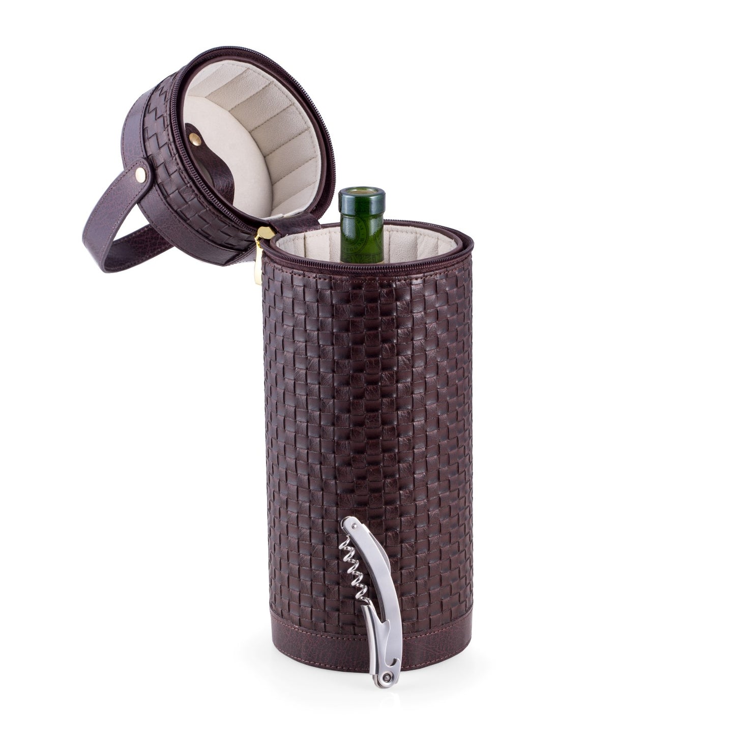 Occasion Gallery Brown Color Braided Brown Leather Wine Caddy with Zipper Closure and Bar Tool with Corkscrew, Bottle Cap Opener & Foil Cutter. L x 5 W x 12.75 H in.