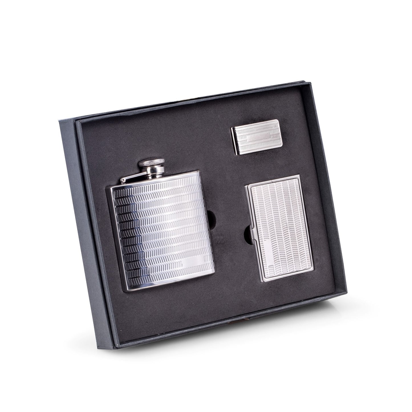 Occasion Gallery Silver Color Three Piece Gift Set with Stainless Steel 6 oz. Flask, Business Card Case & Money Clip. 3.75 L x 0.85 W x 4.35 H in.
