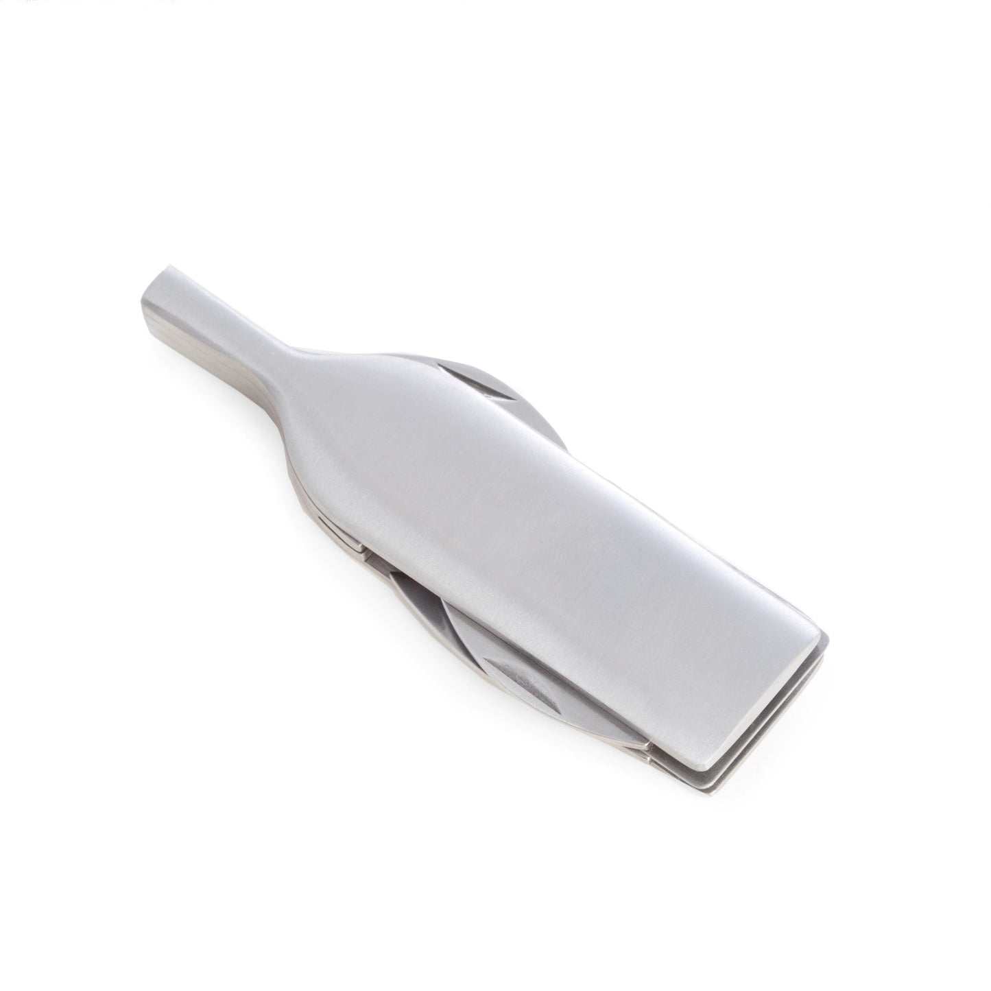 Occasion Gallery Silver Color Bottle Shaped Stainless Steel Corkscrew with Foil Cutter, Knife and Bottle Cap Opener. 1 L x 0.5 W x 3.85 H in.