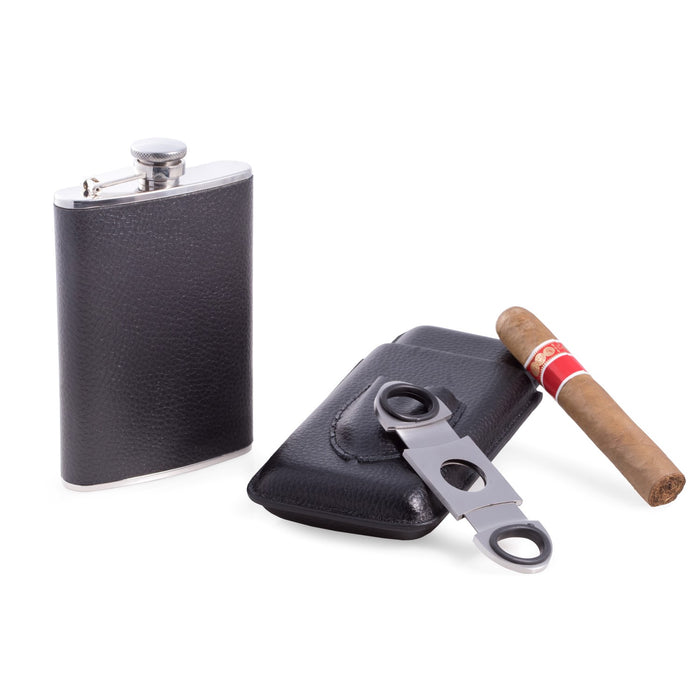 Occasion Gallery Black Color Three Piece Black Leather Gift Set. Includes 8 oz. Flask and Telescoping Cigar Case with Double Guillotine Cutter. 3.75 L x 0.85 W x 6 H in.