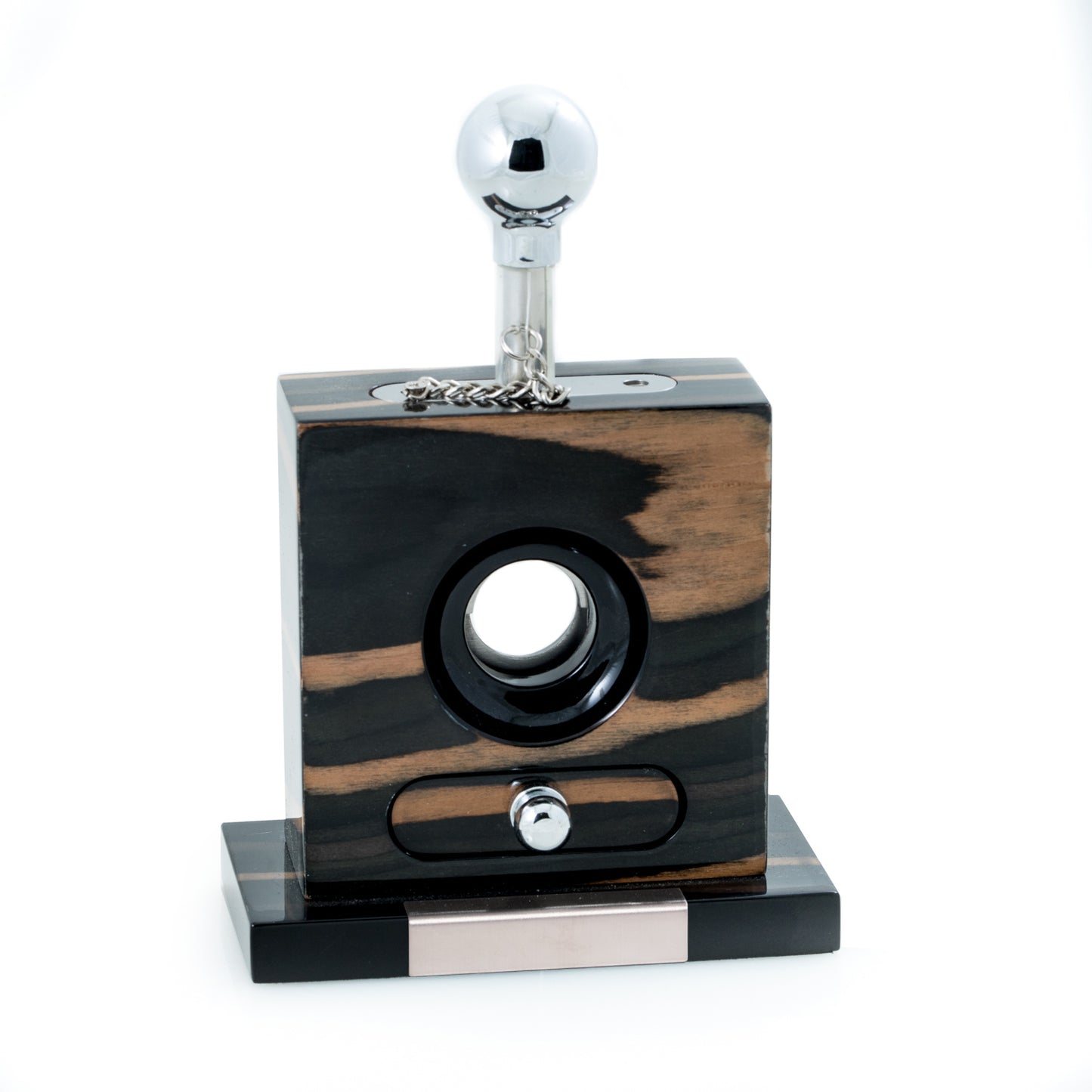 Occasion Gallery Ebony Color Lacquered "Ebony" Wood and Stainless Steel Table Top Guillotine Cigar Cutter with Drawer for Cuttings. 4.75 L x 2.35 W x 6.5 H in.