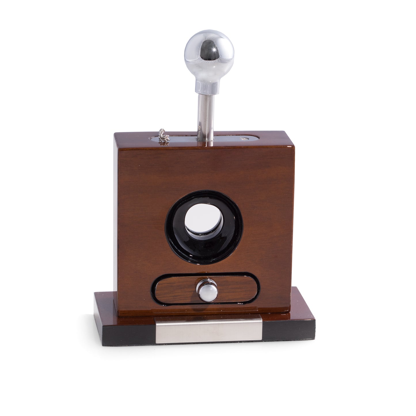 Occasion Gallery Walnut Color Lacquered "Walnut" Wood and Stainless Steel Table Top Guillotine Cigar Cutter with Drawer for Cuttings. 4.75 L x 2.35 W x 6.5 H in.