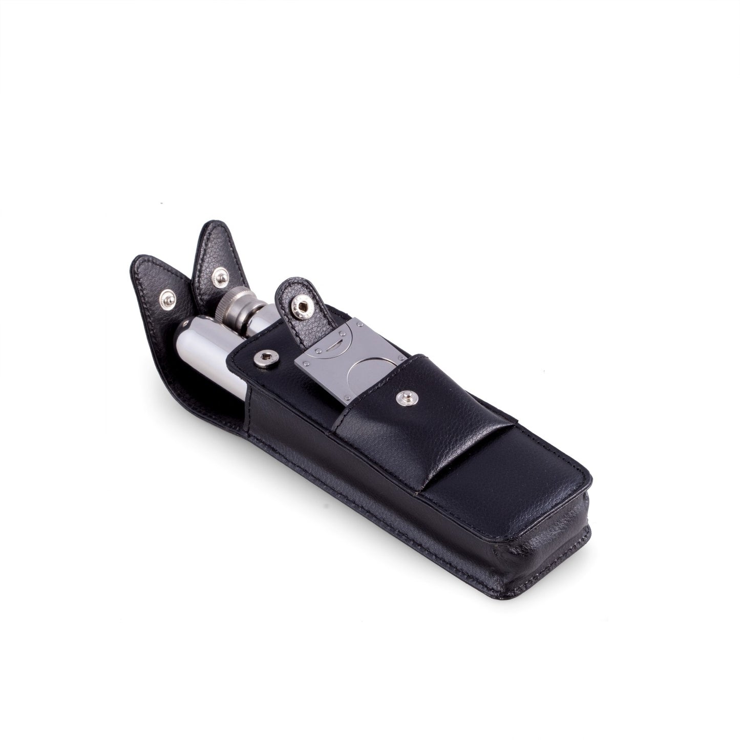 Occasion Gallery Silver/Black Color Stainless Steel 2 oz. Flask, 50 ga. Cigar Tube and Cutter in Black Pebbled Leather Case. 1.25 L x 2.15 W x 7 H in.