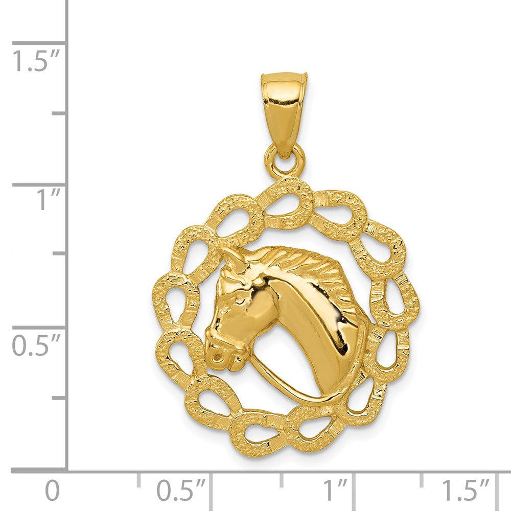 Million Charms 14K Yellow Gold Themed Solid Polished Horse Head In Horseshoes Pendant
