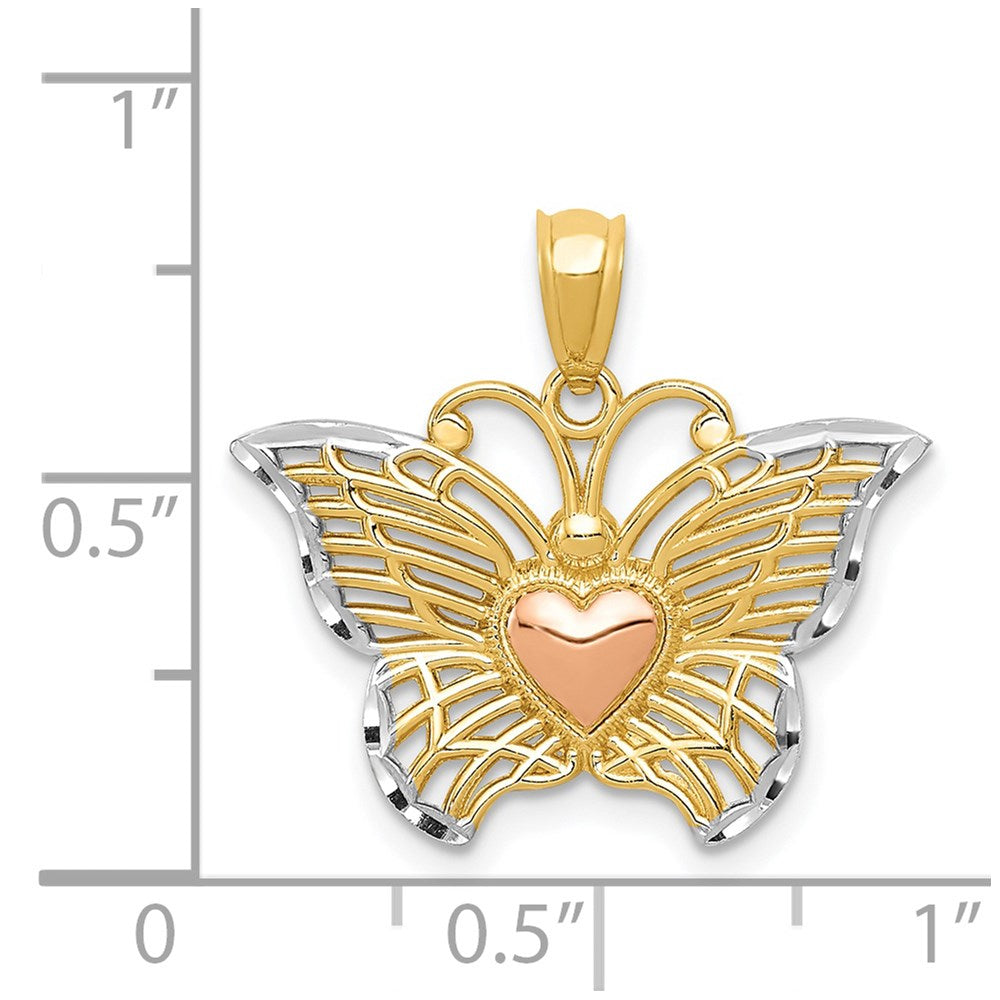 Million Charms 14K Yellow Gold Themed Yellow & Rose With Rhodium-plated Butterfly With Heart Pendant