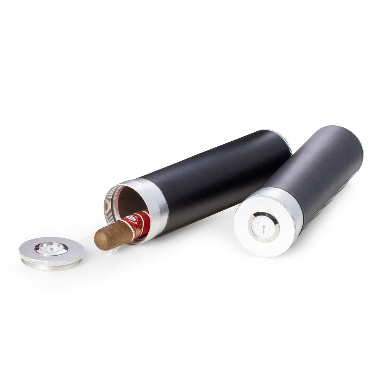 Occasion Gallery Black Color Black Leather Wrap Aluminum Cigar Tube with Hygrometer and Humidistat. 2 L x 2 W x 7.75 H in.