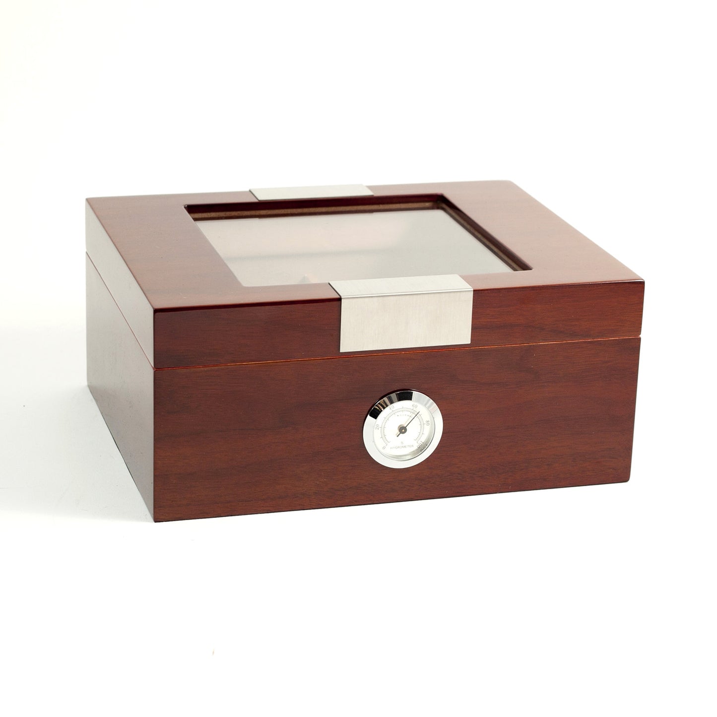 Occasion Gallery Walnut Wood Color Lacquered "Walnut" Wood Humidor with Spanish Cedar Lining and Glass See-thru Lid. Holds Up To 60 Cigars and Includes a Humidistat and External Hygrometer. 11.75 L x 9.5 W x 5.25 H in.