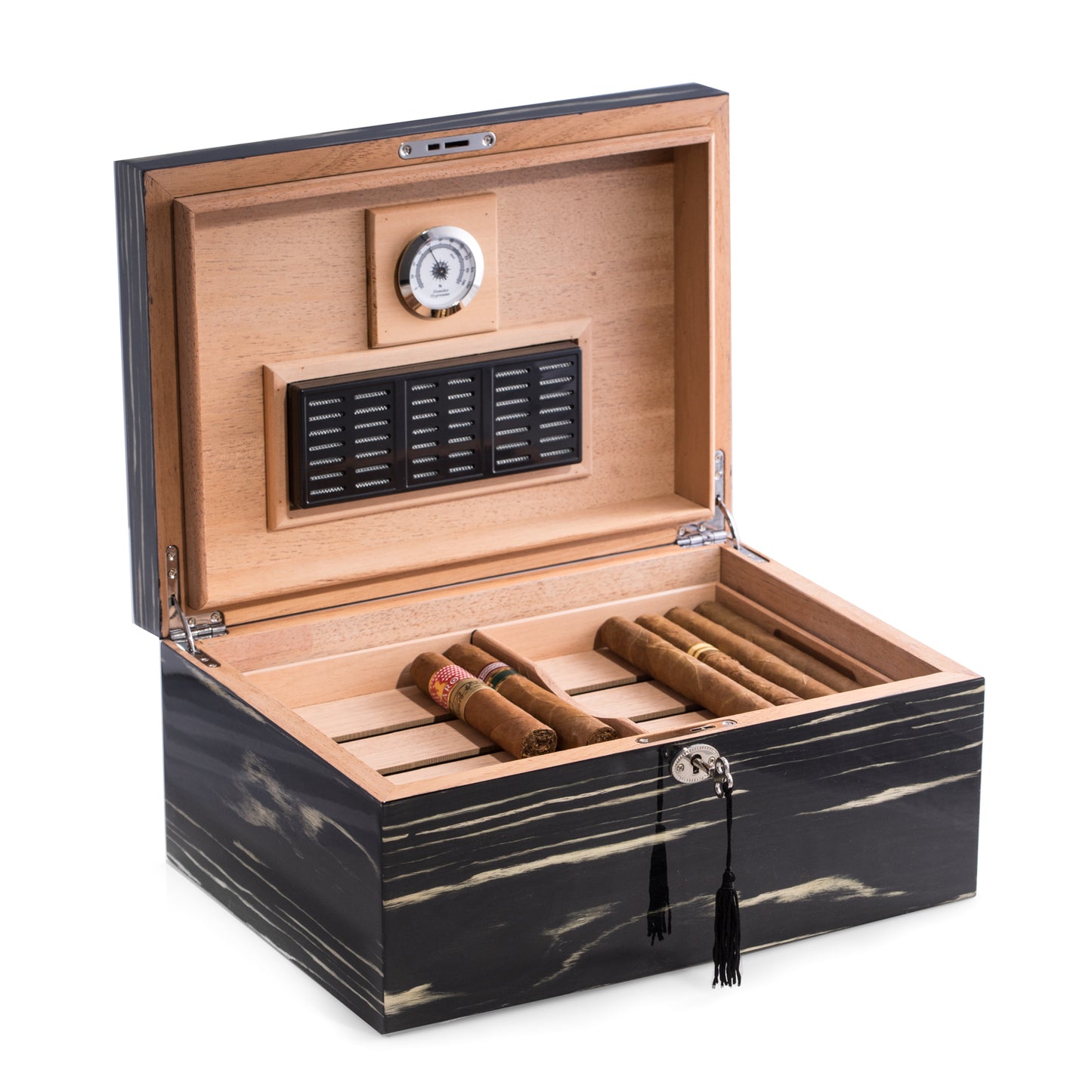Occasion Gallery Ebony Color Lacquered "Ebony" Wood 100 Cigar Humidor with Removable Tray, Spanish Cedar Lined. Includes Hygrometer, Humidistat and Key Lock. 9.75 L x 13.5 W x 6.35 H in.