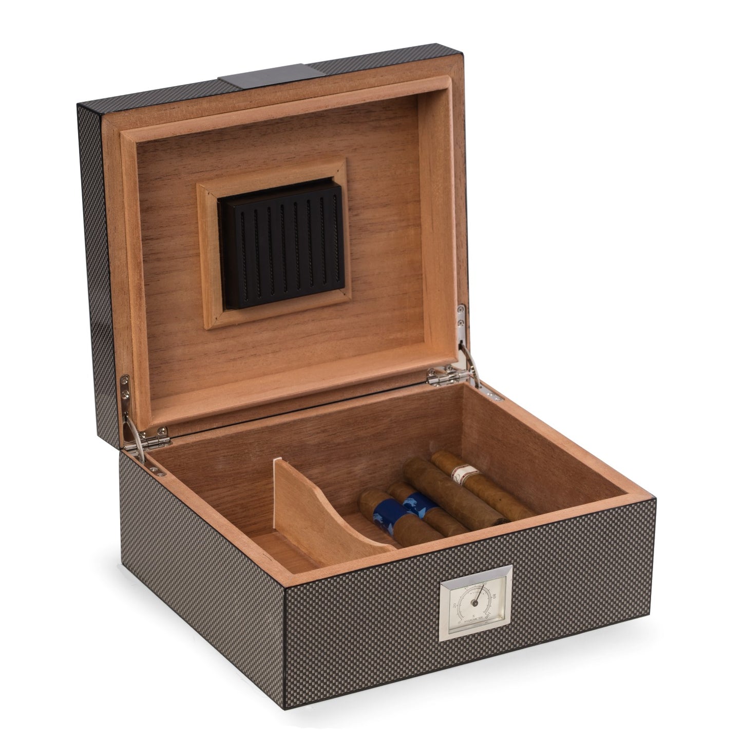 Occasion Gallery Gray Color "Carbon Fiber" Wood Cigar Humidor with Spanish Cedar Lining. Holds Up To 50 Cigars and Includes a Humidistat, External Hygrometer and Stainless Steel Accents. 10.25 L x 8.75 W x 4.5 H in.