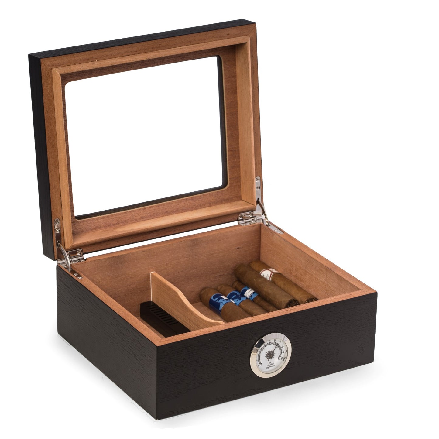 Occasion Gallery Brown Color "Espresso" Wood Cigar Humidor with Spanish Cedar Lining and Glass See-thru Lid. Holds Up To 50 Cigars and Includes a Humidistat and External Hygrometer. 10.25 L x 8.75 W x 4.5 H in.