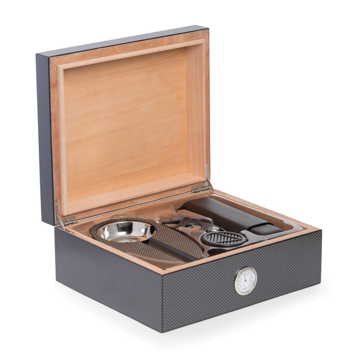 Occasion Gallery BLACK/ GRAY Color 6 Piece "Carbon Fiber" Design Humidor Set. Includes Cedar Lined 50 Cigar Humidor, Single Cigar Ashtray, Leather Double Cigar Tavell Case, Cutter, Humidistat and External Hygrometer. 8.75 L x 10.25 W x 4.25 H in.