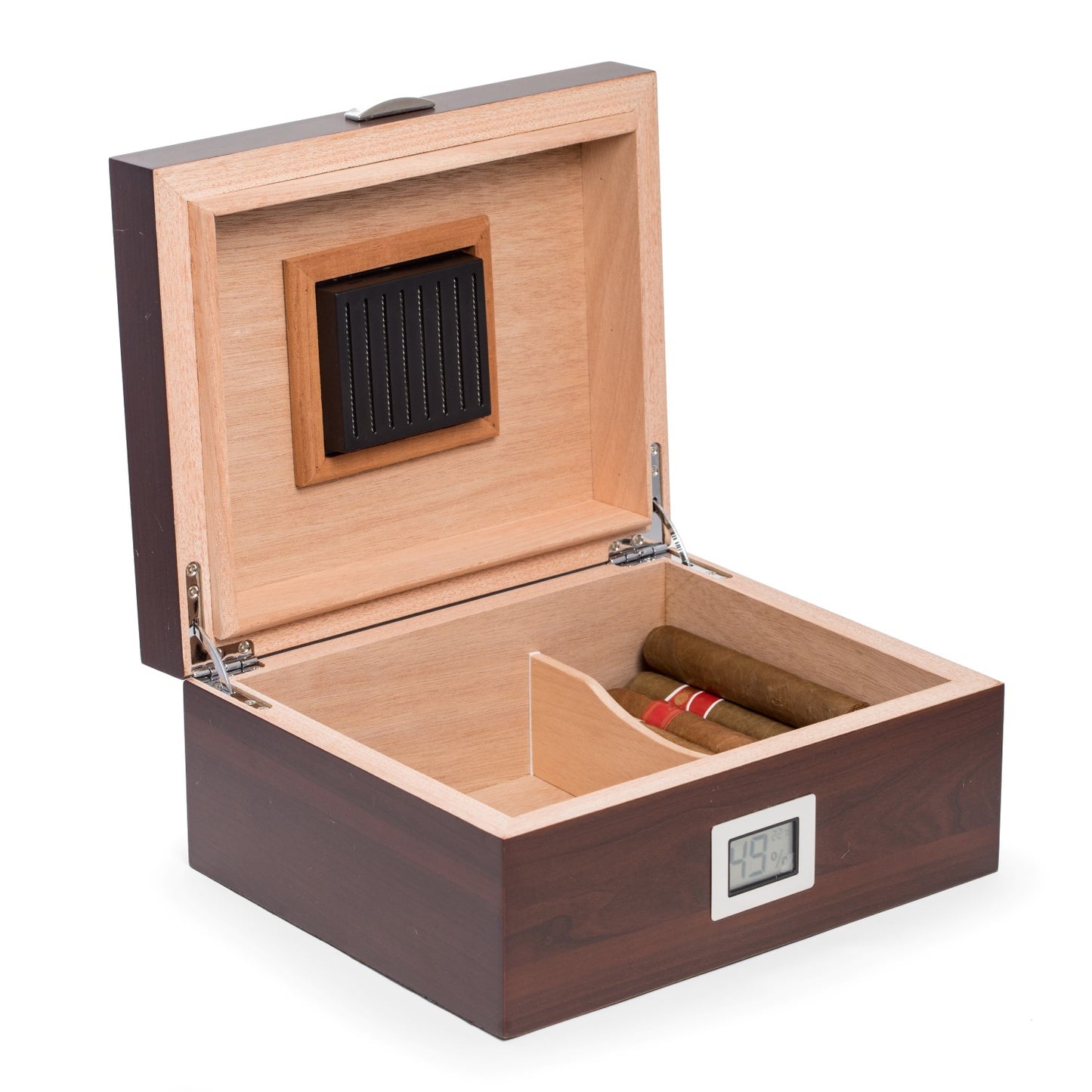 Occasion Gallery BROWN Color "Walnut" Wood Cigar Humidor with Spanish Cedar Lining. Holds Up To 50 Cigars and Includes a Humidistat and Digital External Hygrometer. 8.5 L x 10 W x 4.75 H in.
