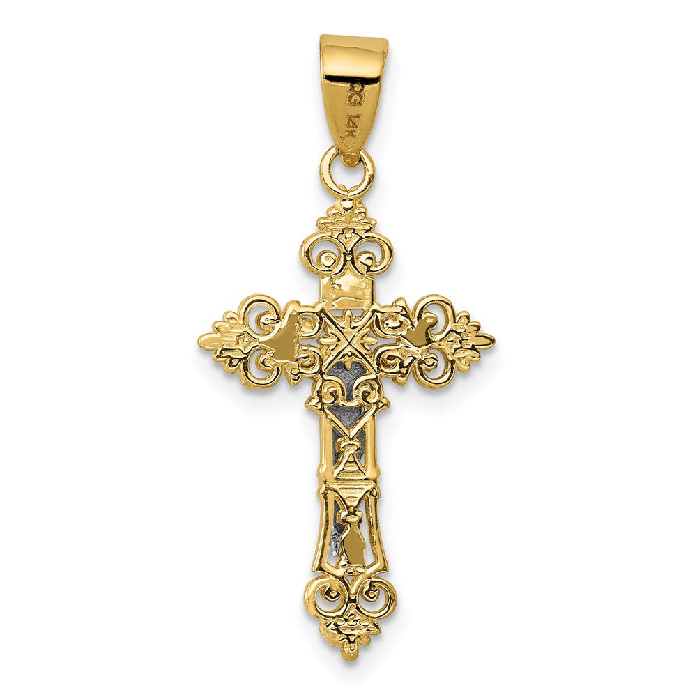 Million Charms 14K Yellow Gold Themed Two-Tone Small Lacey-Edged Inri Relgious Crucifix Pendant