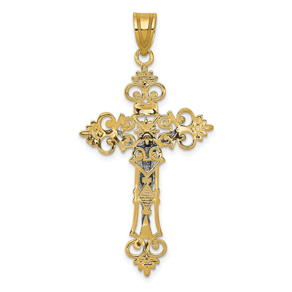 Million Charms 14K Yellow Gold Themed Two-Tone Large Lacey-Edged Inri Relgious Crucifix Pendant