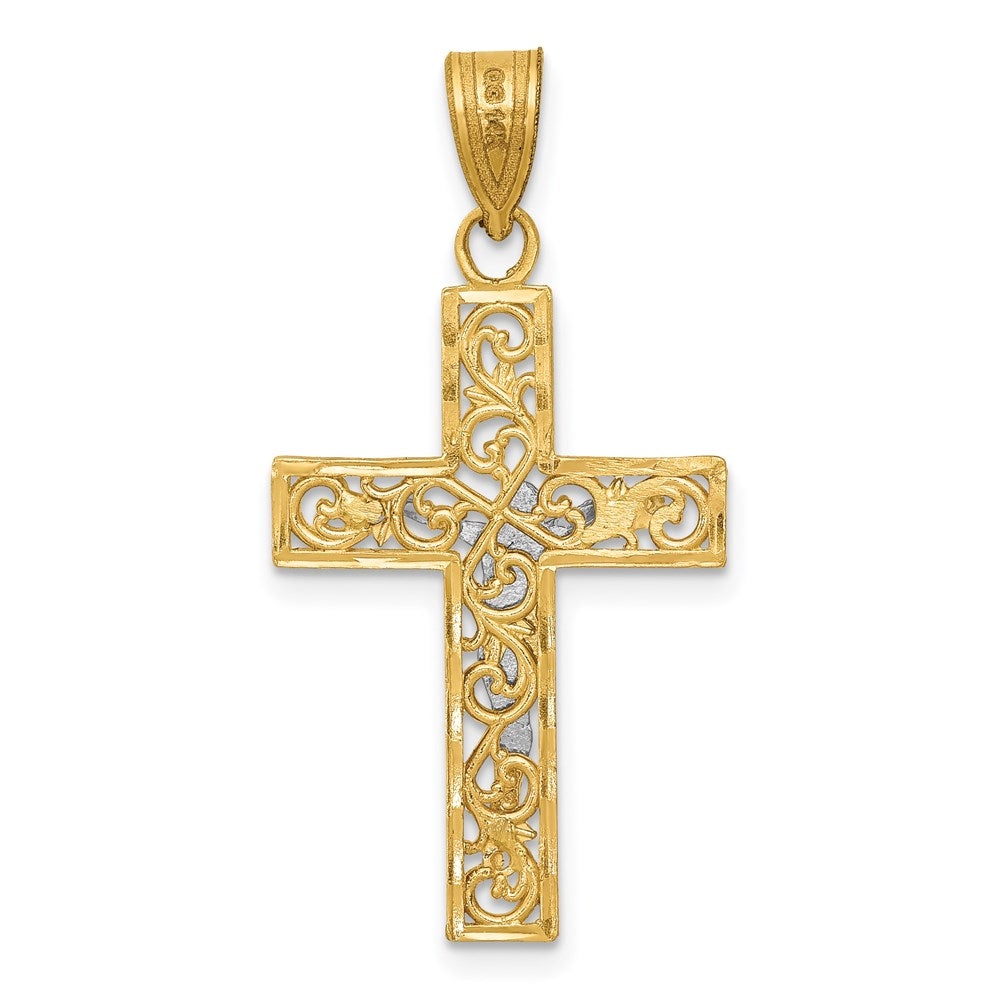Million Charms 14K Yellow Gold Themed Two-Tone Diamond-Cut Small Block Filigree Relgious Cross With Relgious Crucifix Pendant