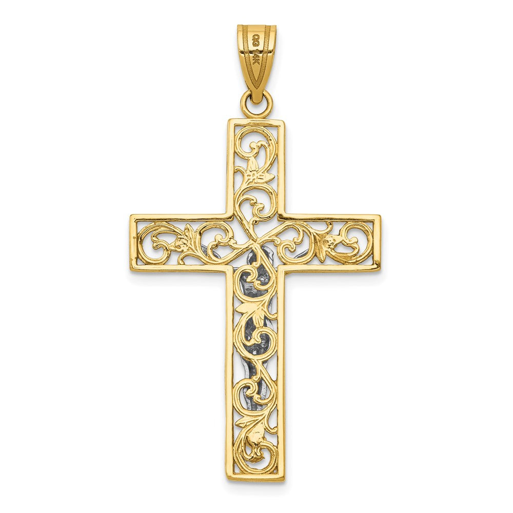 Million Charms 14K Yellow Gold Themed Two-Tone Diamond-Cut Large Block Filigree Relgious Cross With Relgious Crucifix Pendant