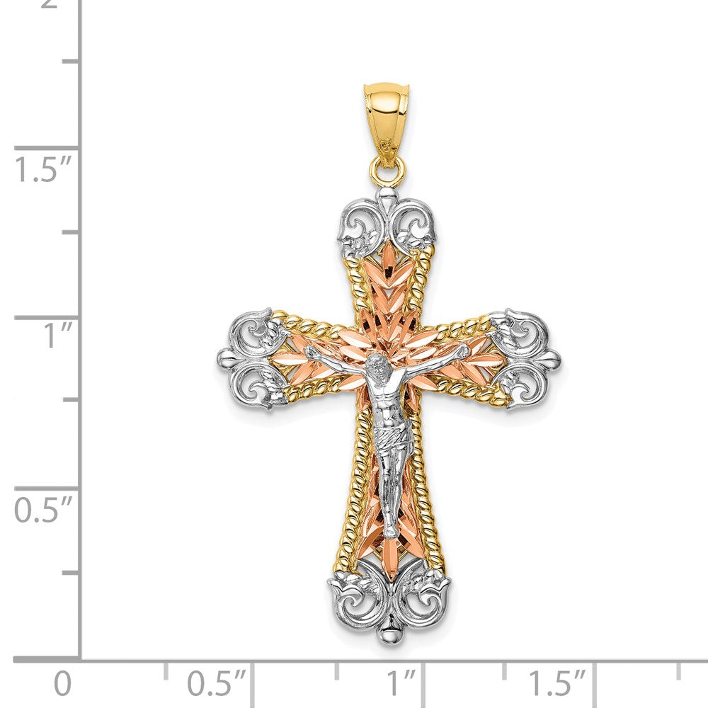 Million Charms 14K Tri-Color With Rhodium-plated Relgious Crucifix Pendant