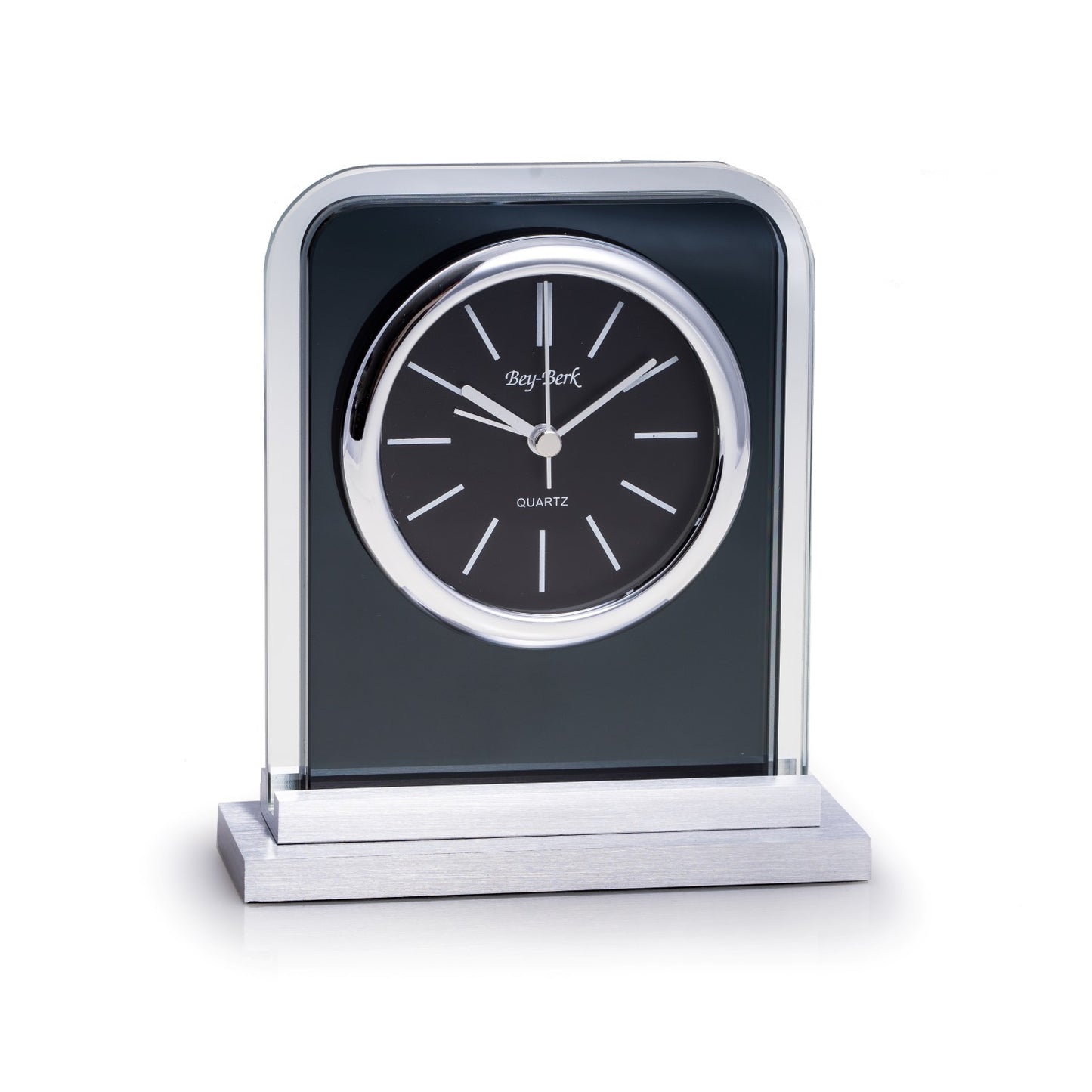 Occasion Gallery Black/Silver Color "Lachin", Glass Alarm Clock with Brushed Stainless Steel Accents. 6.25 L x 5.5 W x 2 H in.