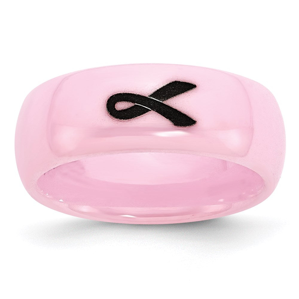 Women's Fashion Jewelry, Chisel Brand Ceramic Pink Black Laser Accented Ribbon 8mm Polished Ring Band