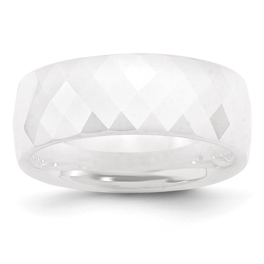 Joyería de moda unisex, anillo de cerámica blanca facetada marca Chisel de 8 mm con banda pulida