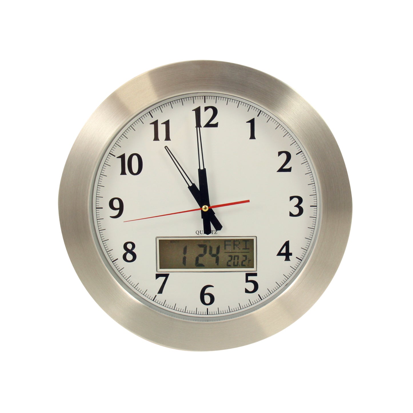 Occasion Gallery Silver Color "Greenwich" 15" Stainless Quartz Clock with Digital Day, Date & Temperature. 1.85 L x 15 W x 15 H in.