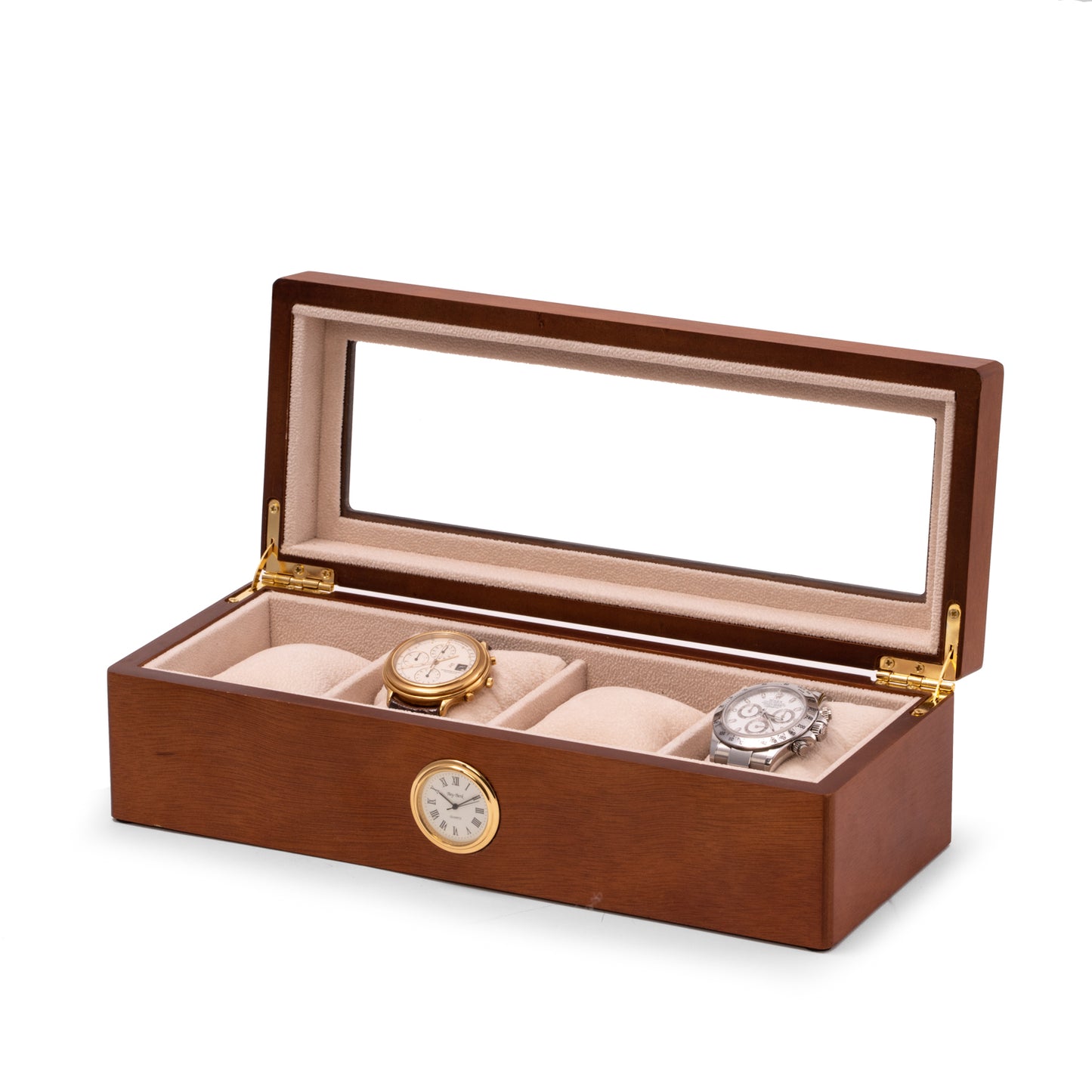 Occasion Gallery Cherry Wood Color Cherry wood four watch box with quartz movement clock 11.25 L x 4.5 W x 3.25 H in.