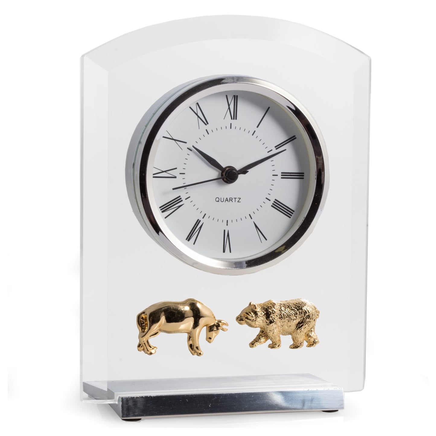 Occasion Gallery Silver Color "Stock Market", Beveled Glass Quartz Clock with Stainless Steel Accents. 7 L x 5.5 W x 2 H in.