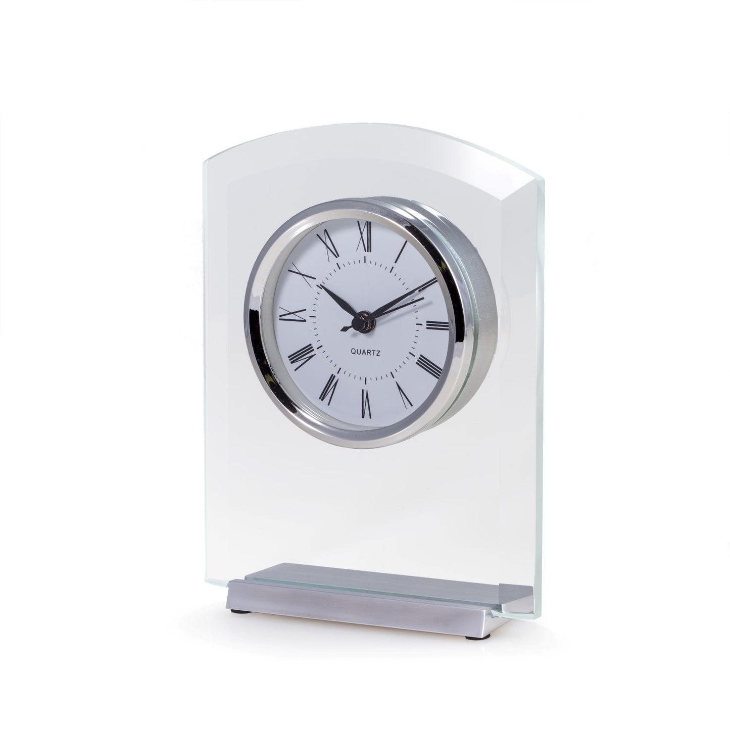 Occasion Gallery Silver Color "Novo", Beveled Glass Quartz Clock with Stainless Steel Accents. 7 L x 5.5 W x 2 H in.